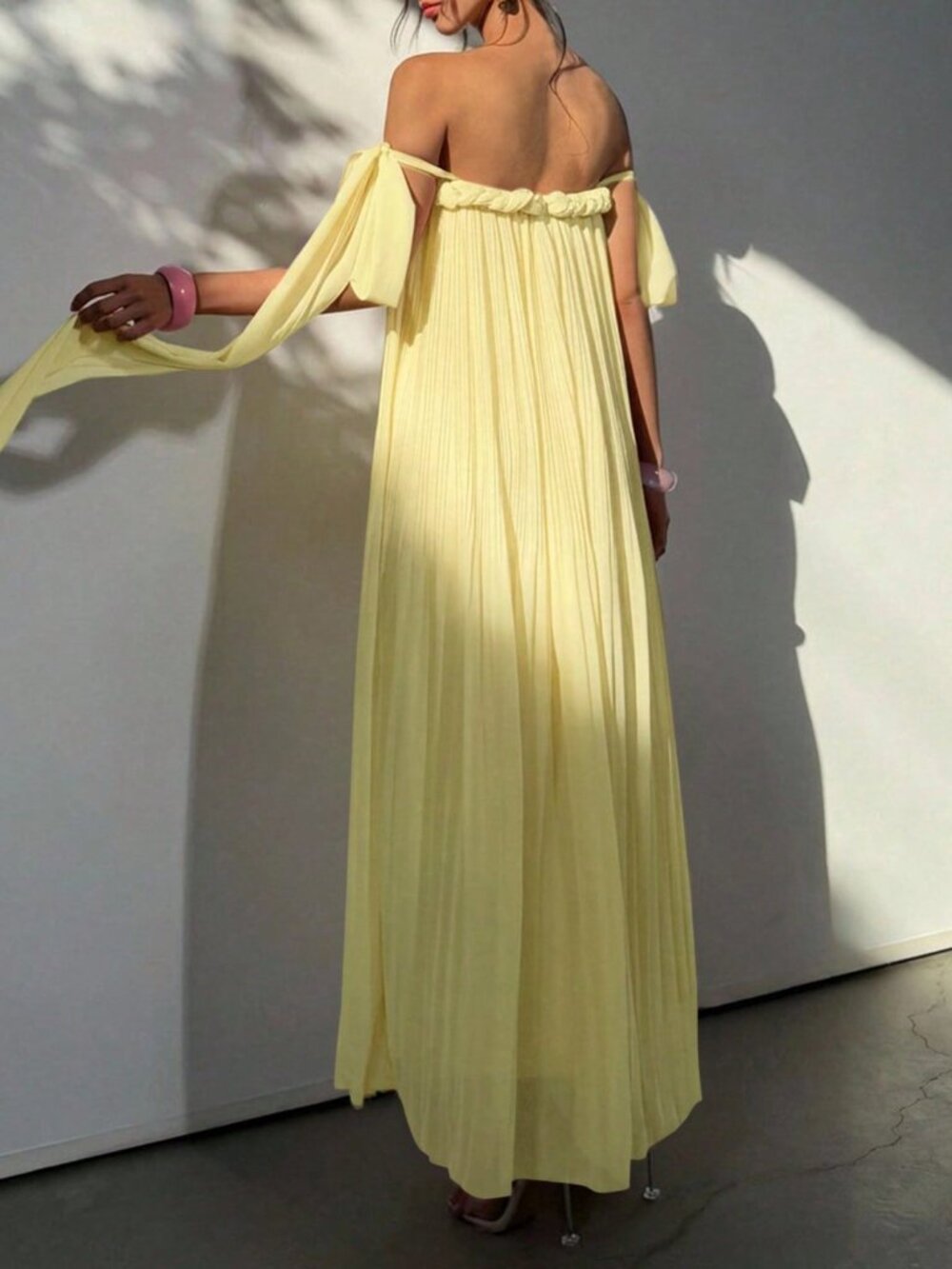 Light Yellow Bohemian Women's Off-Shoulder Chiffon Maxi A-Line Dress - Picture 2 of 8